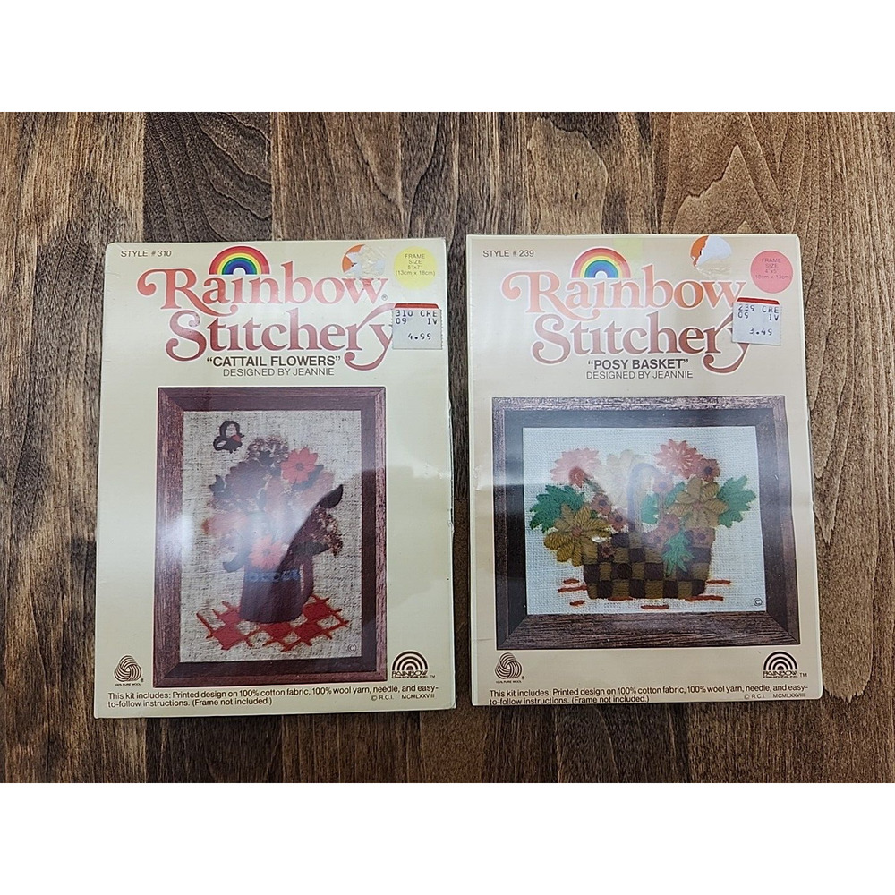 Vtng 2 Rainbow Stitchery Embroidery Crewel Cattail Bouquet/Posy Basket 1978